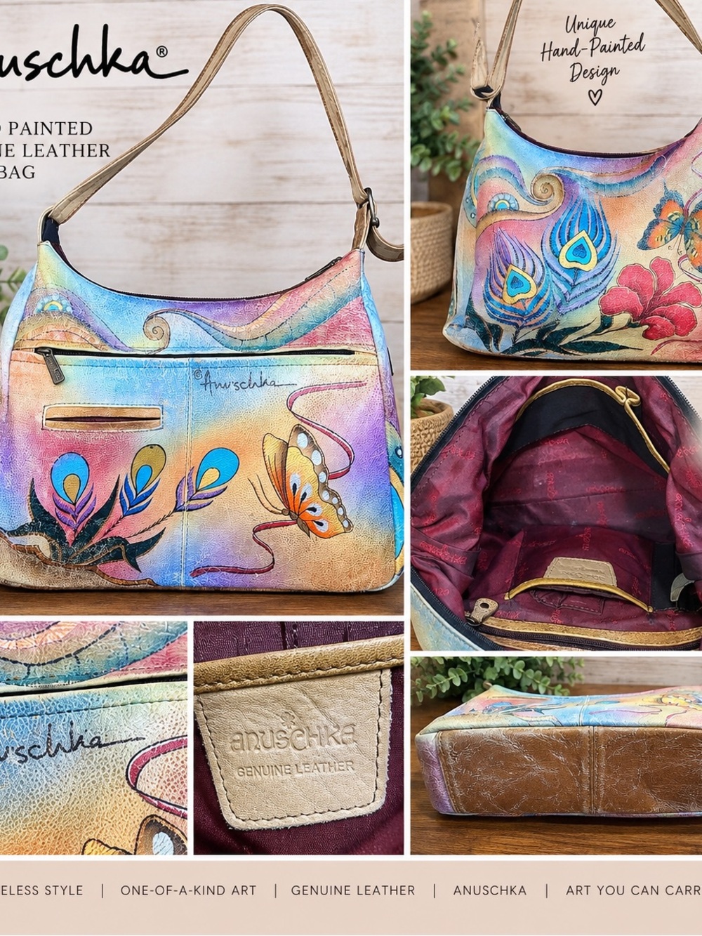 Anuschka Hand Painted Genuine Leather Shoulder Bag Floral Butterfly Peacock
